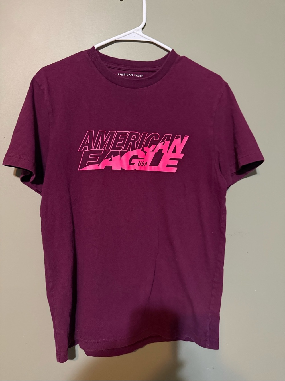 American Eagle Outfitters Men's Maroon Tee with Pink Graphic